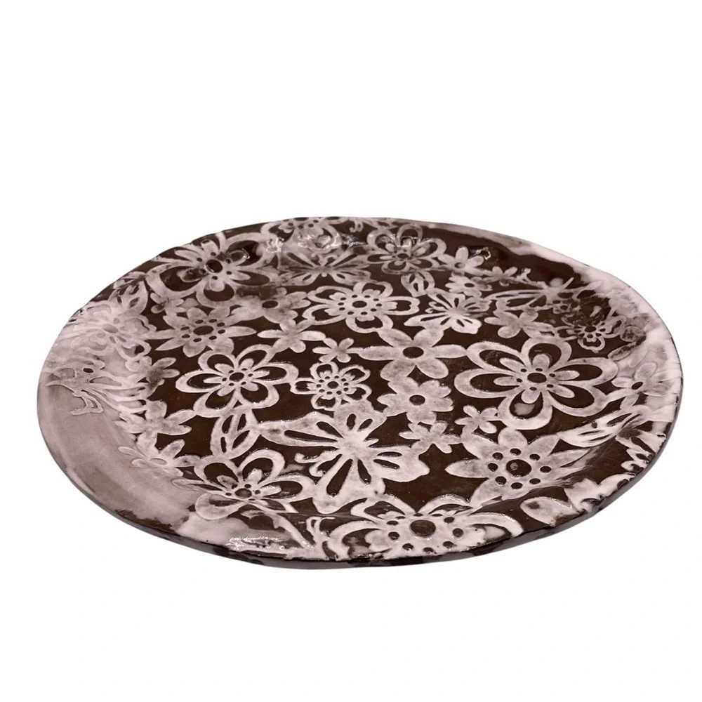 Handmade Floral Studio Pottery Plate - Decorative Ceramic Platter, Signed 13.5”